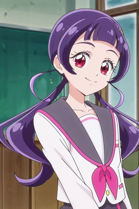 detailed background, shiny skin, posing,
<lora:kimipri.il:1>, 
kimipri,
purple hair,
waist long hair, low pigtails,
red eyes, 
teen,
seifuku,