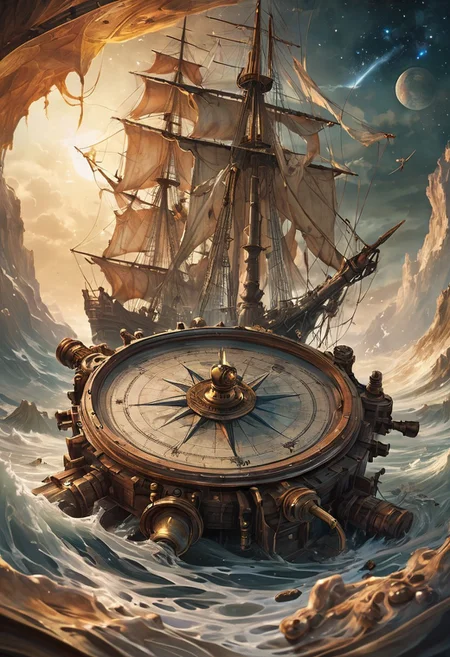 Ancient magical map unfurled in the foreground, its ink moving and shifting to reveal hidden locations, surrounded by floating navigation tools (compass, sextant, astrolabe) in a captain's quarters of a spectral pirate ship sailing through star-filled skies.
 style of greg rutkowski,janek sedlar,jenny saville:0]  <lora:vivid_everclear:0.35>  <lora:Sinozick:0.35>  <lora:MJ52:0.35>