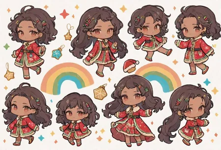 A (Character/reference Sheet) StickerSheet concept art (chibi:1.2) with (full body, front/back view) of a solo (African American, dark-skinned, ethnic hairstyle/hair:1.2) character with a ((multicolored, [rainbow]:1.2) Christmas festival aesthetic:1.2), (multiple views of the same character in the same outfit:1.2), (white background:1.5), (small/dainty hands/feet:1.2), (painting), (masterpiece), (best quality), (intricately detailed), (sfw:1.2), bioluminescent filigree, (emitting diodes:1.2), OverallDetail, charturnerv2, (XmasTheme:0.8)