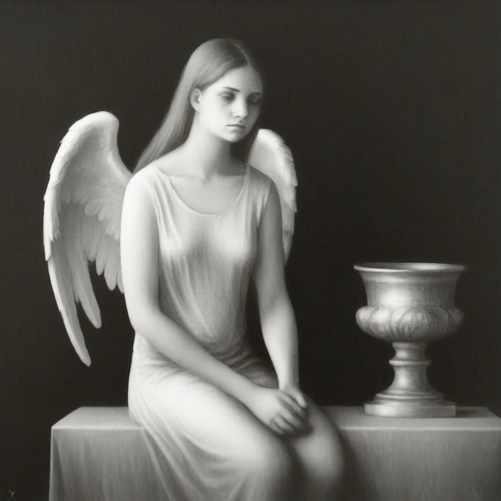fallen angel, lost paradise, grief, somber, monochrome, looking at viewer, 1girl, art by xavier valls, still life