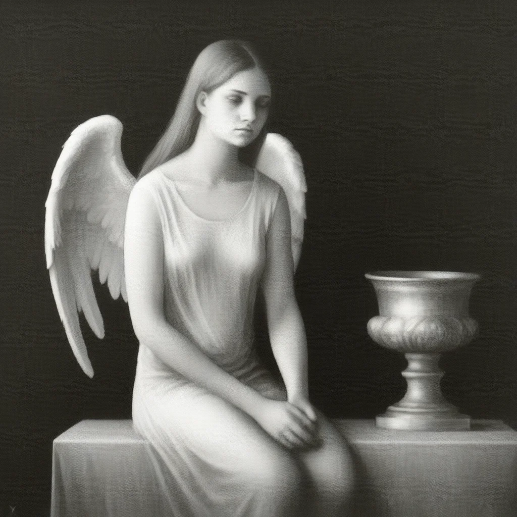fallen angel, lost paradise, grief, somber, monochrome, looking at viewer, 1girl, art by xavier valls, still life