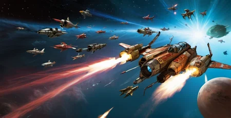 space fight scene, dogfight, space, spaceship, laser, fisheye, <lora:XLPUNK_0.3_RC:0.8>