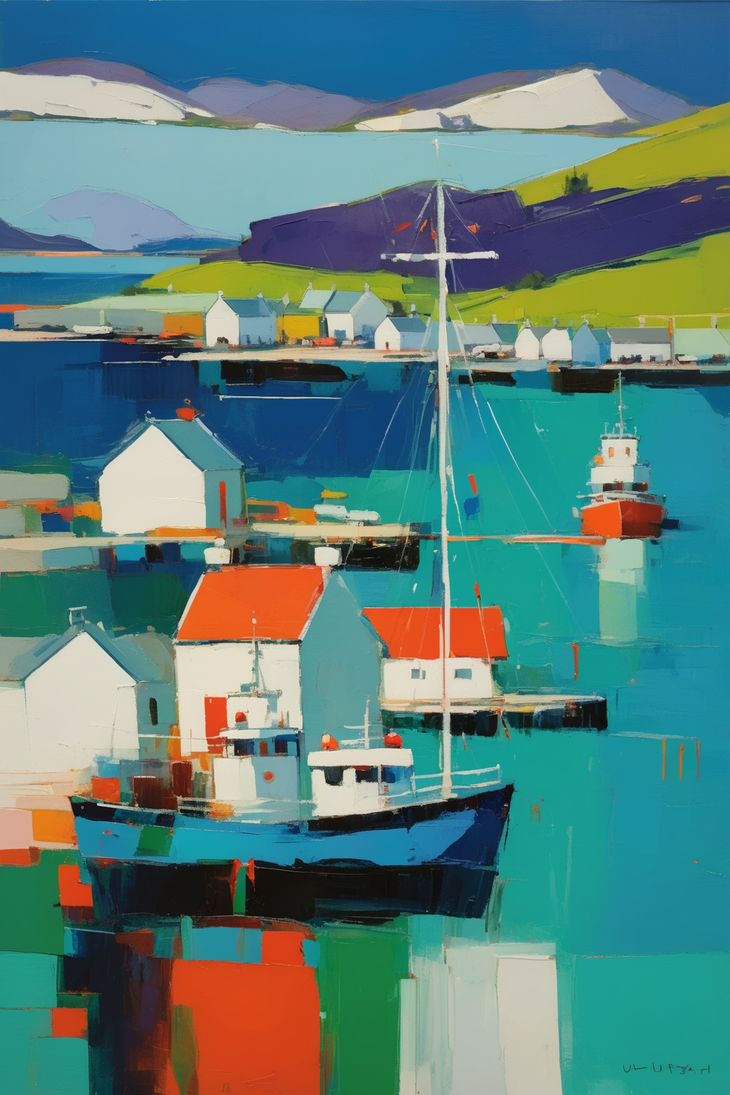 <lora:Raimonds Staprans Style:1>Raimonds Staprans Style - 102016. A painting by Raimonds Staprans. A painting of Ullapool Harbour illustrates the picturesque beauty and vital ferry connections of this Scottish harbor on the shores of Loch Broom through a captivating blend of Cubist and Fauvist styles. The scenic waterfront, featuring fishing boats and the ferry terminal, is depicted in fragmented shapes and vibrant colors, while the surrounding mountains and loch are portrayed in contrasting shades of blue and green. The scene conveys a sense of adventure and natural splendor, reflecting the enduring appeal of Ullapool Harbour.
