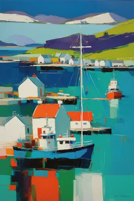 <lora:Raimonds Staprans Style:1>Raimonds Staprans Style - 102016. A painting by Raimonds Staprans. A painting of Ullapool Harbour illustrates the picturesque beauty and vital ferry connections of this Scottish harbor on the shores of Loch Broom through a captivating blend of Cubist and Fauvist styles. The scenic waterfront, featuring fishing boats and the ferry terminal, is depicted in fragmented shapes and vibrant colors, while the surrounding mountains and loch are portrayed in contrasting shades of blue and green. The scene conveys a sense of adventure and natural splendor, reflecting the enduring appeal of Ullapool Harbour.