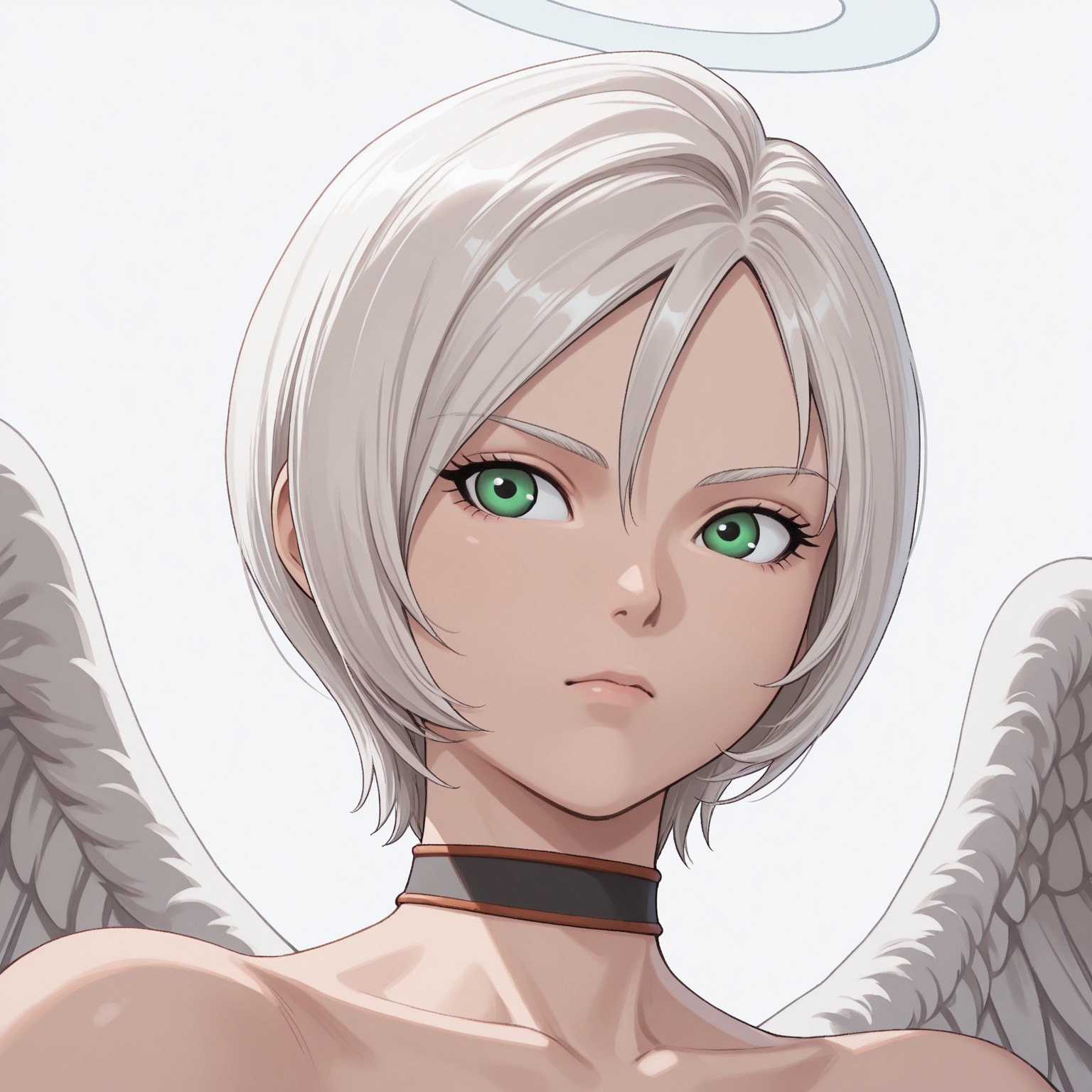  PavoDQ, angel, green eyes, white hair, short hair, halo, wings, choker,  portrait, face focus