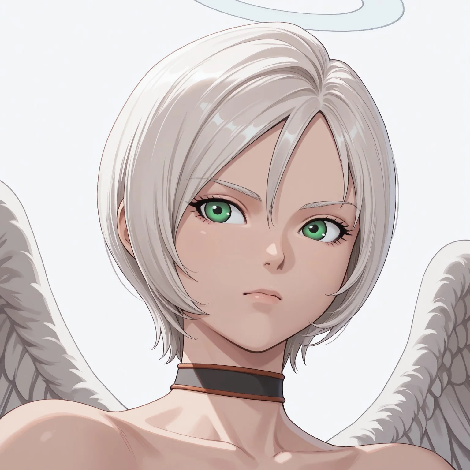 PavoDQ, angel, green eyes, white hair, short hair, halo, wings, choker, portrait, face focus