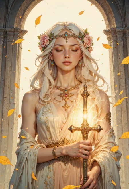 a stylized, ethereal scene with a female character. She has long, flowing white hair adorned with a delicate floral headpiece. Her skin is pale, and her eyes are closed, giving a serene expression. She wears ornate, golden jewelry, including a cross-shaped earring and a ring. The character is dressed in a flowing, light-colored gown with intricate patterns. She holds a glowing, golden sword with a cross-shaped hilt, which emits a warm light that illuminates her face and surroundings. The background is softly blurred, with hints of an arched structure, creating a heavenly, dreamlike atmosphere. Golden petals float around her, enhancing the mystical and serene ambiance of the scene.