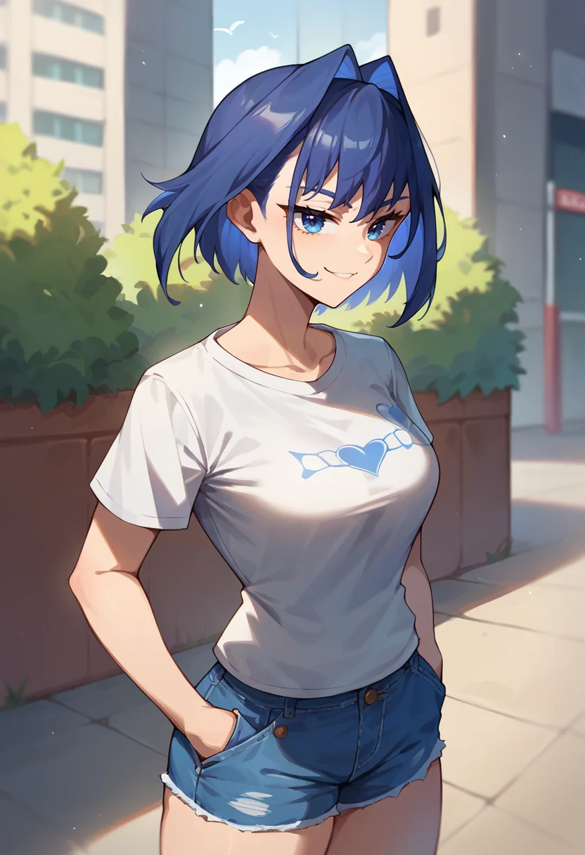 score_9, score_8_up, score_7_up, 1girl, solo, OuroKronii, short hair, hair intakes, t-shirt, denim shorts, standing, outdoors, city, hands in pockets, smirk, <lora:CHAR-OuroKroniiPonyXL:1>