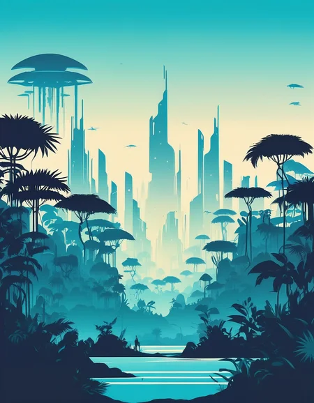 minimalistic, flat color, no lineart, gigantic sci-fi skyline in a fantasy jungle, silhouette, simple bright background