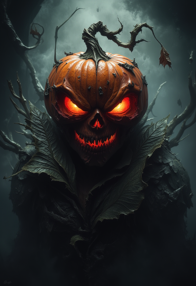 FredFraiStyle, "A hyper-detailed, nightmarish pumpkin-headed creature, with deep, glowing red eyes that shine menacingly in the darkness. The creature's face is twisted into a horrifying skeletal grin, with jagged, decayed teeth and deeply etched furrows along the surface of the pumpkin, giving it an ancient and haunted appearance. A thick, dark vine grows from the top of its head, curling ominously into the air, and a single weathered leaf dangles from it. The creature's neck and shoulders are enveloped in a collar of large, tattered leaves, their edges rough and thorny, adding to its grotesque, plant-like form. Gnarled, twisted branches grow out from its body, intertwining with the vines, creating a monstrous fusion of nature and horror.
The atmosphere is dark and foreboding, with mist swirling around the creature as it looms in front of a shadowy, forest-like background. The scene is bathed in eerie, cinematic lighting, casting deep shadows that heighten the creatureâs otherworldly and terrifying presence. The overall mood is mystical, dark, and sinister, with a chilling sense of unease as the creature seems to emerge from a nightmarish realm. Hyper-realistic textures, sharp details on the pumpkin's surface, intricate veins on the leaves, and a general feeling of dread as if the creature is alive and watching."
<lora:FredFraiStyle-FLUX-Share:0.95>
<lora:Ars_MidJourney_Style_-_Flux:0.6>
<lora:- Flux1 - vanta_black_V2.0:0.55>