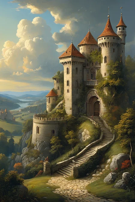 Baroque, Baroque, landscape,creator landscape, "A medieval keep, texture, intricate, details, highly detailed, masterpiece, architecture, building, trending on artstation, focus, sharp focus, concept art, digital painting, fantasy, D&D, tabletop, rpg, roleplay, sunny, day, midday",
<lora:clear:0.15> style of Michael Cheval.
<lora:greg_rutkowski_xl_2:0.3> greg rutkowski,
clear <lora:tbh129-sdxl:0.3>,
<lora:extremely_detailed:0.7> extremely detailed ,
<lora:add-detail-xl:0.7>,, Fantasy painting art style, imaginative, dynamic composition, professional-grade execution, creates immersive world and landscape, painterly, epic, magical, dramatic, exuberant, grandeur, baroque art, oil painting art style from Renaissance period, masterful composition, Renaissance mood, renaissance oil painting, brush strokes, dramatic, exuberant, grandeur, baroque art