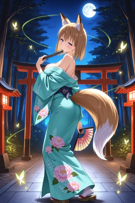 (masterpiece, best quality:1.2), amazing quality, very aesthetic, absurdres, perfect detail,
japanese shrine, torii, forest, firefly, night, firefly, moon, from side, full body,
dancing, looking back, hand up, holding folding fan, peony print, light trail, seductive smile, blush,
solo, satsuki, short hair, fox girl, fox ears, aqua kimono, bare shoulders, cleavage, fox tails, waraji,
<lora:XL_Ill_hentai-satsukit1:1>