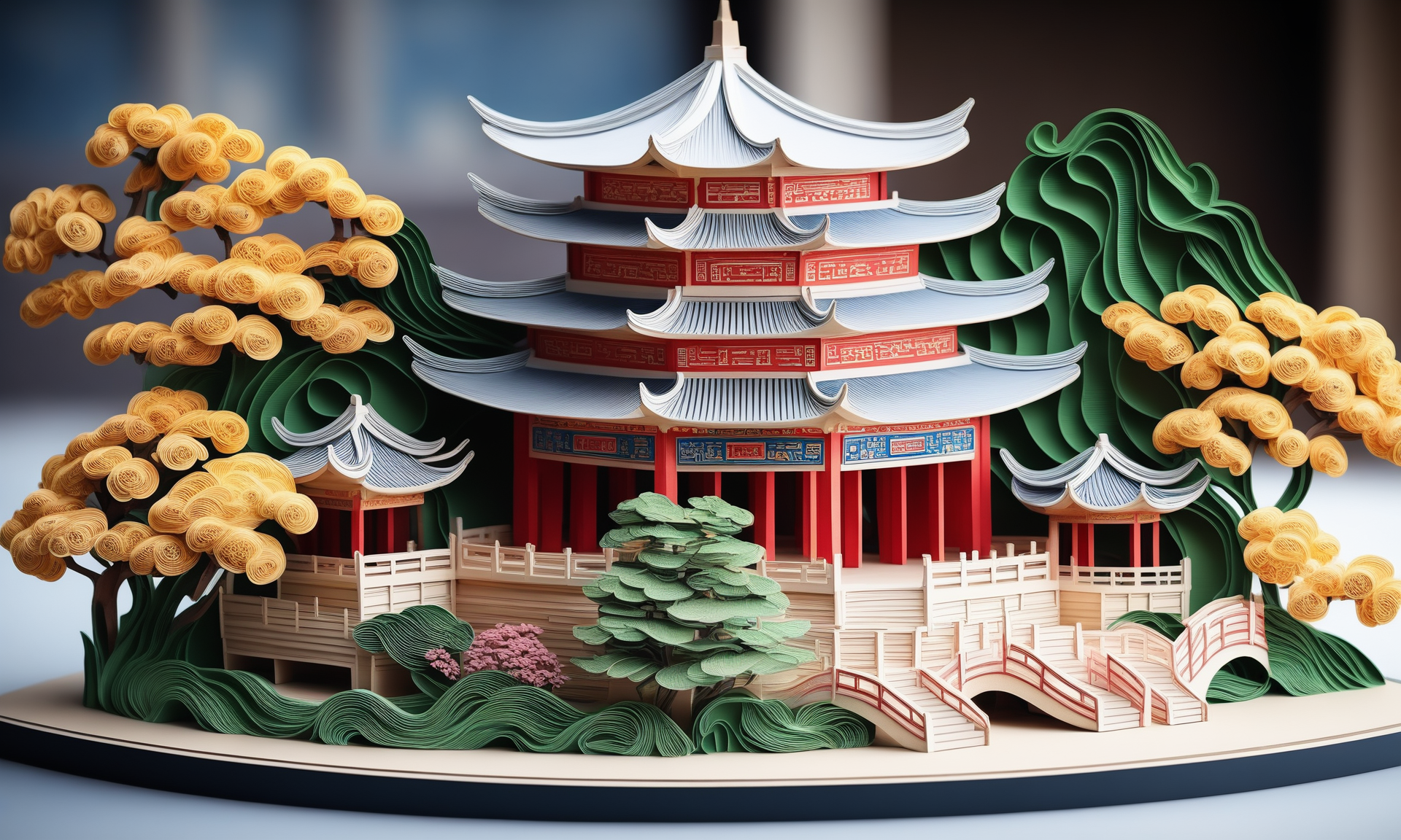 Paper quilling art of <lora:papercarvingcd_xl-000005:0.6>,a handmade sculpture of a chinese building made of papercarvingcd_xl in office scene,full body,scenery,tree,river,highway,miniature,tilt-shift,indoors,east asian architecture,front view,8K,HDR,UHD,masterpiece,best quality,highly detailed,high resolution,finely detail,extremely detailed,ultra detailed,wallpaper . Intricate, delicate, curling, rolling, shaping, coiling, loops, 3D, dimensional, ornamental