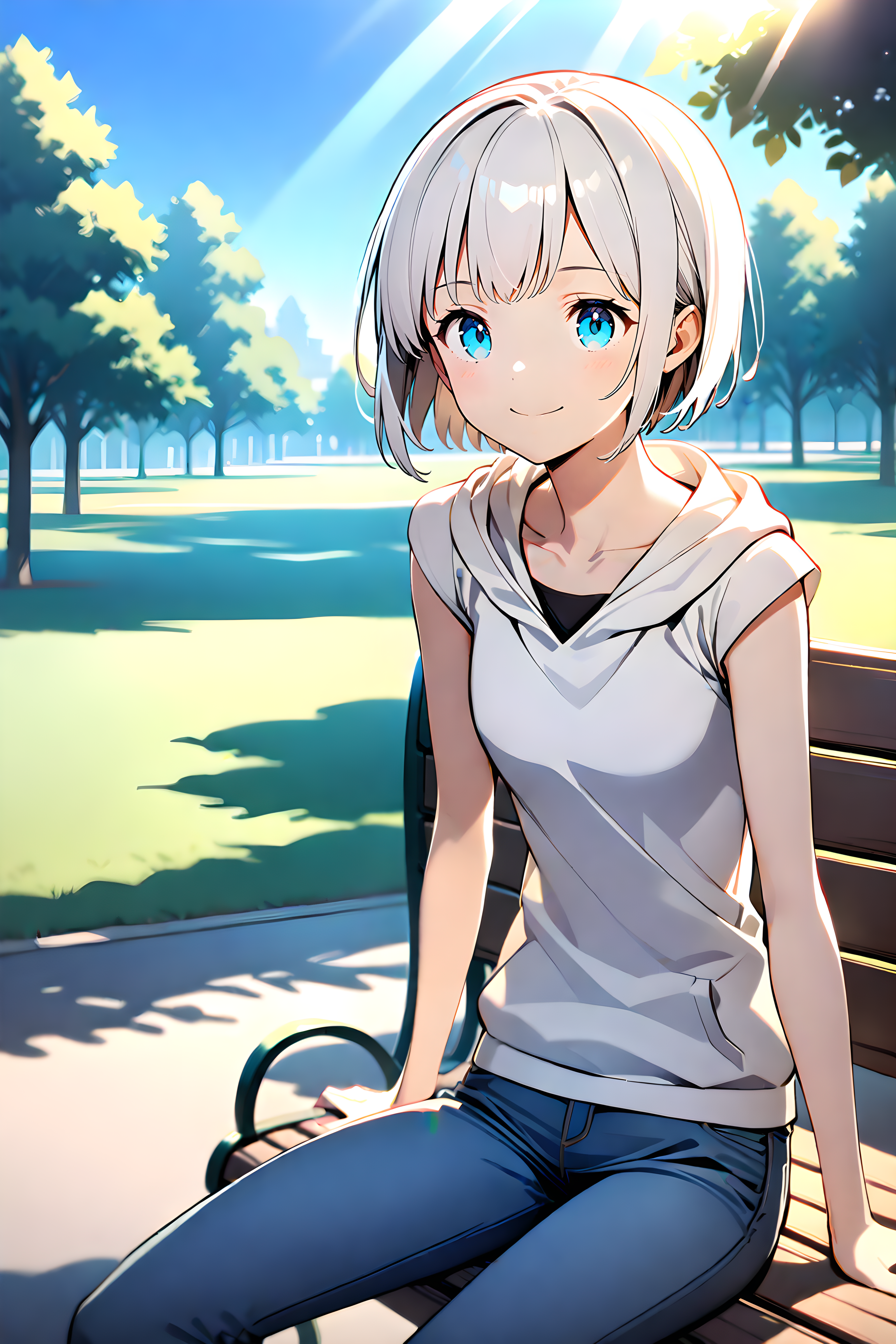 1girl, sitting, short hair, white hair, blue eyes, white hoodie, cap sleeves, jeans, collarbone, closed mouth, smile, outdoors, park, bench, sitting on bench, cloud, blue sky, sunlight <lora:CapSleeves_DoRA_v2:1>