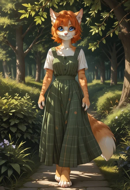 score_9, score_8_up, score_7_up, score_6_up, score_5_up, score_4_up, semi realistic, Vera,1girl, solo, furry female, short hair, orange hair, bangs, fox ears, perfect eyes, blue eyes, freckles, snout, animal nose, body fur, two-tone fur, orange fur, white fur, striped, fox tail, square pattern on dress, green sundress, green and orange color, barefoot, full body, walking, front side view, looking at the viewer, smile, focus on face, outdoors, village plaza, tree, bushes, ((back light, counterlight)), transmitted light, soft light, soft shadows, morning, d3t41l3d, BadDream, 4k, 8k, Ultra HD, Masterpiece, Best quality, Detailed), Detailed background,