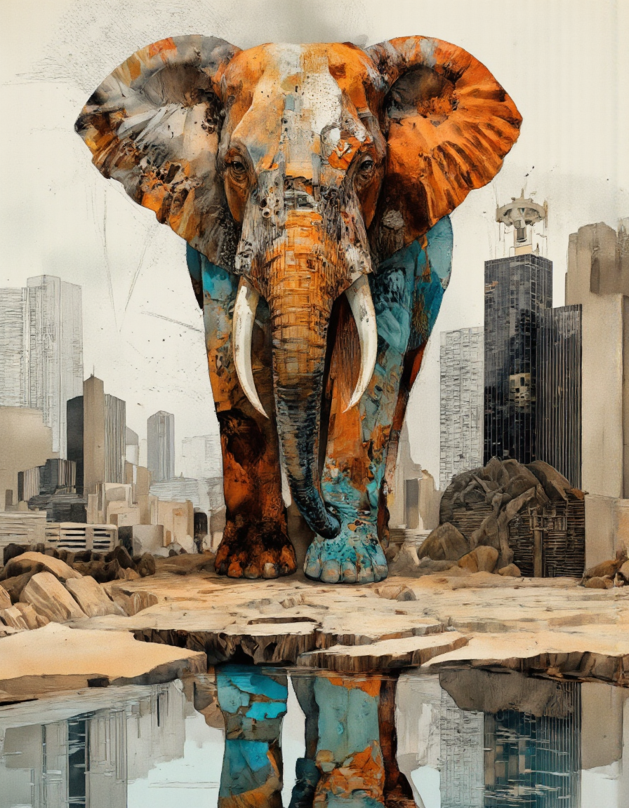 . A digital illustration shoot from a frontal camera angle about a stylized, artistic depiction of an elephant made from various pieces of paper and mechanical parts, standing in the middle of the image. the image also shows a futuristic cityscape with skyscrapers in the background and a reflective body of water in the foreground. on the center of the frame, a large, majestic male elephant with tusks is standing, facing the viewer with its full body visible. the elephant appears to be an adult, with a slim body and intricate details on its body, including mechanical parts and textures. it is adorned with a variety of colors, including shades of orange, blue, and grey, giving it a unique and vibrant look. the background features a mix of abstract shapes and textures, reminiscent of a post-apocalyptic cityscape. the overall effect is one of a surreal and surreal scene, with the vibrant colors and textures blending together to create a sense of depth and dimensionality.