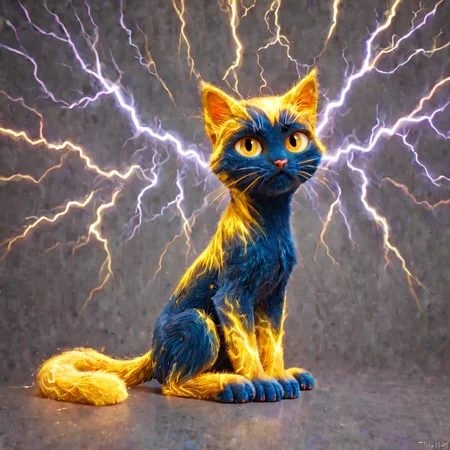 lthndrtrl, cat sitting down made of golden and blue and red and yellow and purple lightning thunder trails <lora:lthndrtrl_V3_4:1.5>