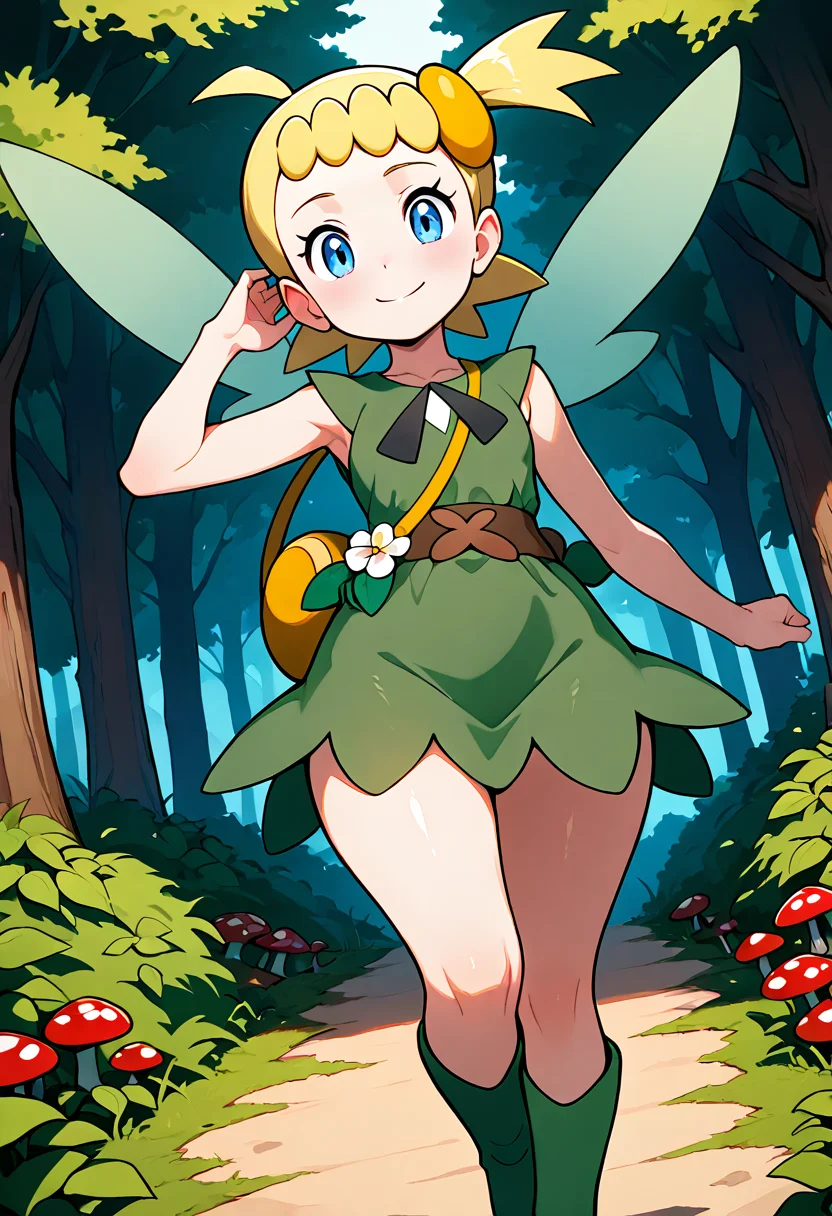 masterpiece, best quality, solo, curvy, beautiful eyes, narrow waist, wide hips, 1girl, solo, smile, looking at viewer, dynamic angle, foreshortening, close up,    zzBonnie, bonnie_(pokemon), blue eyes, ahoge, blonde hair, hair ornament, short hair, side ponytail,  ,<lora:BonniePokemonIXL:1.0>, [Woodland Fairy], earthy green dress made from layered moss and leaves, vine-patterned belt with small wooden charms, ankle-high boots made of soft bark, flower crown adorned with woodland blooms, wings made of translucent, veined leaves, standing in a sun-dappled forest clearing with mushrooms and ferns, soft beams of light filtering through the canopy,