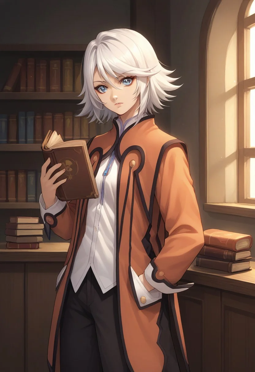 score_9, score_8_up, score_7_up, source_anime, highly detailed,
rainesage, book, holding book, solo, blue eyes, 1girl,
short hair, grey hair, coat, orange coat, shirt, white shirt, long sleeves, pants, black pants, boots, upper body