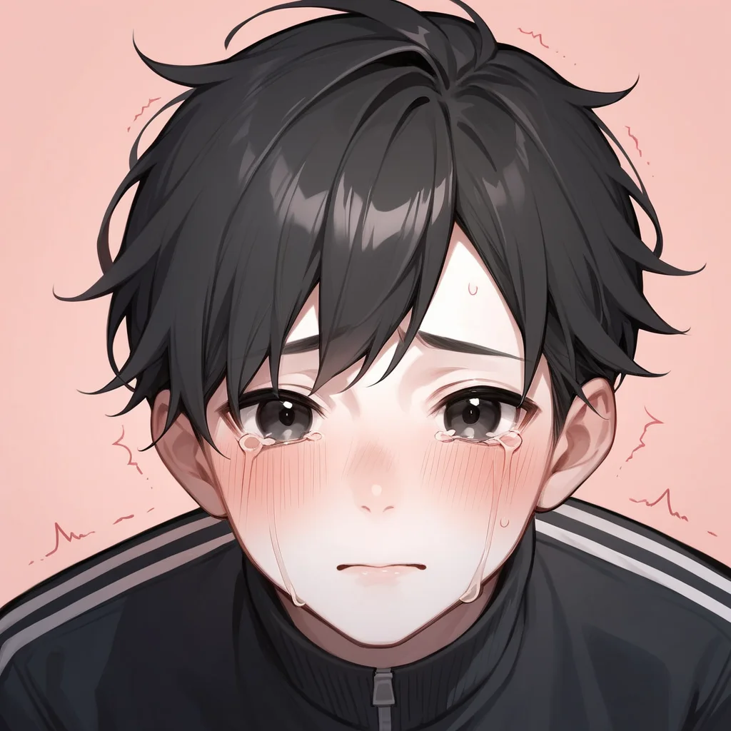 score_9,score_8_up,score_7_up,detailed face,<lora:hanman-000004:1>,1boy,black hair,bangs,track jacket,black jacket,black eyes,blush,crying,crying with eyes open, white skin,black jacket,looking at viewer,trembling,pink background,best quality,<lora:add-detail-xl:1>,