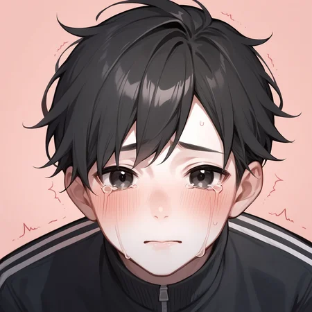 score_9,score_8_up,score_7_up,detailed face,<lora:hanman-000004:1>,1boy,black hair,bangs,track jacket,black jacket,black eyes,blush,crying,crying with eyes open, white skin,black jacket,looking at viewer,trembling,pink background,best quality,<lora:add-detail-xl:1>,