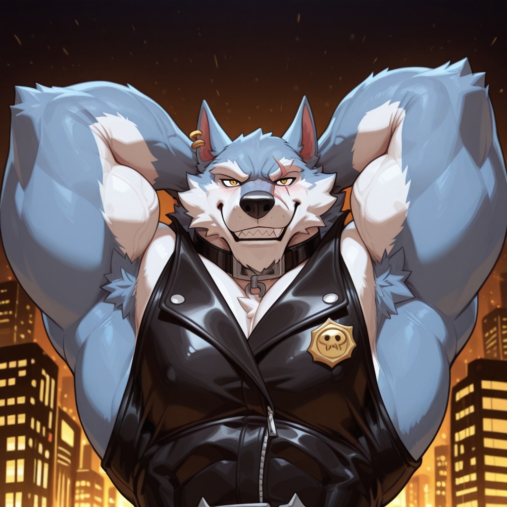 score_9, score_8_up, score_7_up, high-detailed background, hi res, realistic, high-detailed face, high-detailed eyes, high_detailed muscles, high-detailed teeth, high-detailed body, masterpiece, best quality, absurdres, newest, perfect quality, best quality, facing viewer, looking at viewer, absolutely eye-catching, intricate detail, gay, 1Best Quality, portrait, armpit focus, detailed face, looking at viewer, close-up, zoom, armpit fetish, focus on armpit, armpit on center, manly, masculine
BREAK,
solo, beautiful eyes, perfect eyes, big eyes, Freddy, wolf boy, scar, earrings, furry, bara,muscular male,blue fur,multicolored fur,white fur,yellow eyes,sharp teeth,,1boy, cocky, very cool, smirk, horny, black collar, big body, muscular, big muscles, broad shoulders, big biceps, large pectoral bulge,sleeveless jacket, black shirt, ampit hair, armpit musk, one raised arm, offering armpit, powerful, strong,
BREAK
city, city park, night