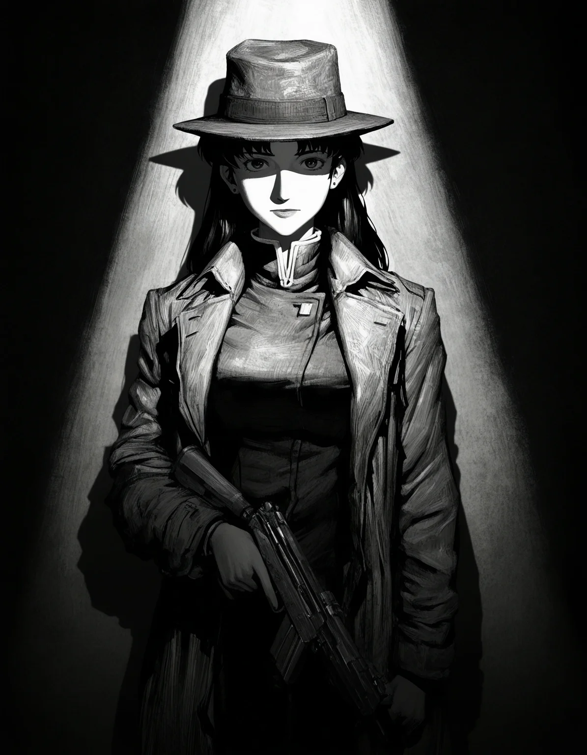 1girl, katsuragi misato, greyscale, cowboy shot, sideways glance, trench coat, holding gun, h&k usp, shadow, chiaroscuro, high contrast, fedora, spotlight, (oil painting \(medium\), traditional media,:0.85) masterpiece, best quality, absurdres<lora:chiaroscuro_illus01_2a.safetensors:1.0>