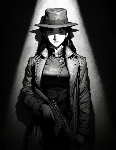 1girl, katsuragi misato, greyscale, cowboy shot, sideways glance, trench coat, holding gun, h&k usp, shadow, chiaroscuro, high contrast, fedora, spotlight, (oil painting \(medium\), traditional media,:0.85) masterpiece, best quality, absurdres<lora:chiaroscuro_illus01_2a.safetensors:1.0>