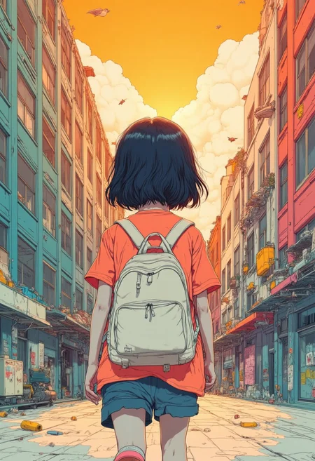 An abstract pastel art painting depicting a charming child girl in a hip city setting, carrying a white drawstring bag on her back. The scene captures the essence of a peaceful sunrise in a bustling town.