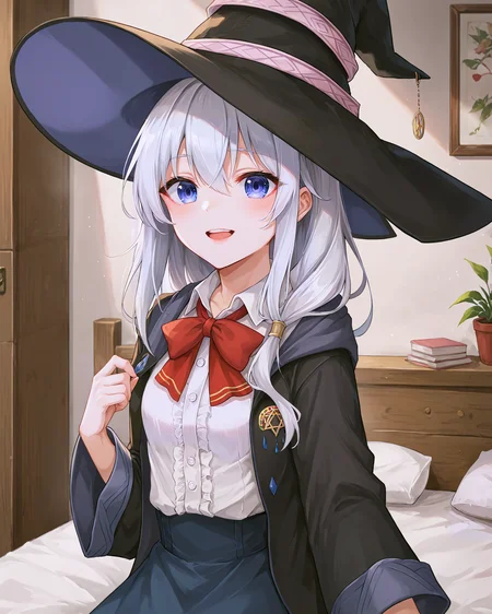<lora:Majo_Elaina_XL:0.8> elaina, blue eyes, white hair, hair between eyes, long hair, bangs, ahoge, braid, single braid, hair bow, pink bow, jewelry,sidelocks, hair ornament, ribbon, scarf, red scarf, plaid scarf, shirt, dress shirt, white shirt, off shoulder, skirt, blue skirt, high-waist skirt, medium skirt, frills, frilled skirt, plaid, pantyhose, black pantyhose, coat, black robe, open robe, open clothes, wide sleeves, long sleeves, hat, witch hat, black headwear, upper body,, <lora:9_Detail_Tweaker_XL:0.8>, score_9, score_8_up, score_7_up, source_anime, masterpiece, best quality, highly detailed background, cinematic lighting, detailed eyes, perfect face,, lazy, teenager room, messy, bedroom, bed sheet, closet,