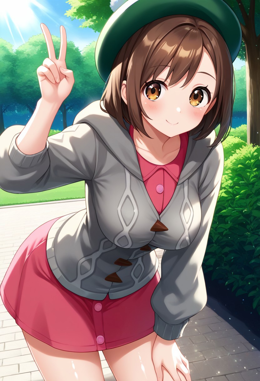 score_9, score_8, score_7_up, source_anime, (nsfw:1.0), BREAK, 
cute 1girl, shiny_skin, (large breasts), skinny body, brown_hair, brown_eyes, tareme, green_headwear, hooded_cardigan, pink_dress, 
angle:random, 
(leaning forward:1.3), hand on thigh, v sign, 
outdoors, light particles, light rays, park, blue sky,