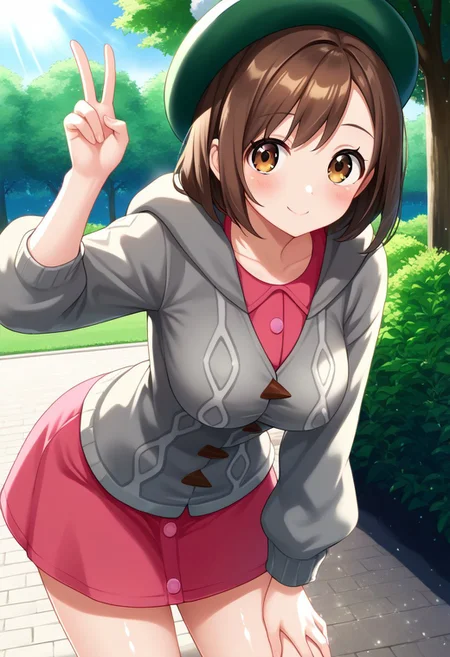 score_9, score_8, score_7_up, source_anime, (nsfw:1.0), BREAK,
cute 1girl, shiny_skin, (large breasts), skinny body, brown_hair, brown_eyes, tareme, green_headwear, hooded_cardigan, pink_dress,
angle:random,
(leaning forward:1.3), hand on thigh, v sign,
outdoors, light particles, light rays, park, blue sky,