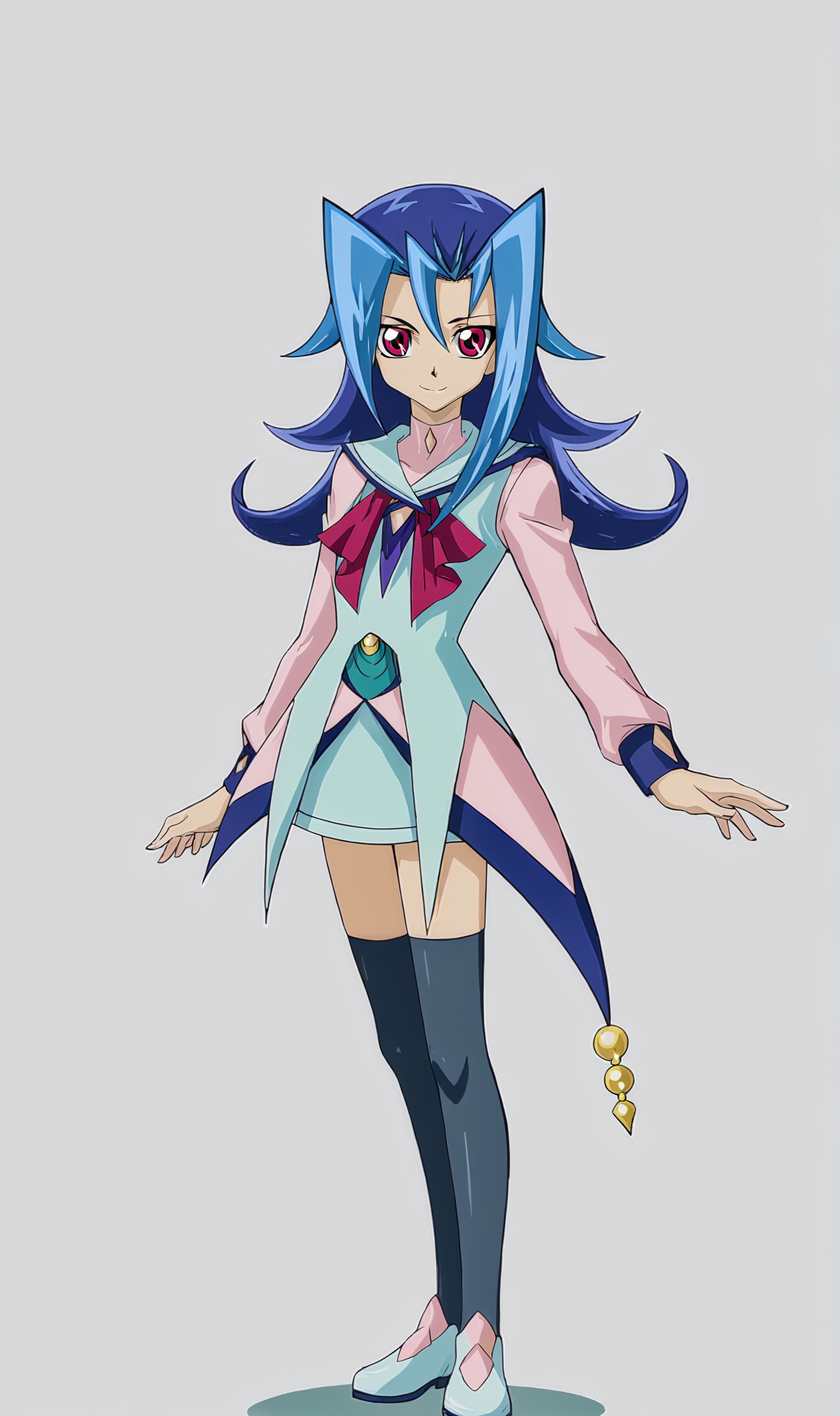 RK, 1girl, solo, blue hair, long hair, red eyes, multicolored long sleeve shirt, neckerchief, zettai ryouiki, white skirt, shoes, thighhighs, full body, smile, looking at viewer, white background, simple background, <lora:Rio Kastle Pony XL:1>