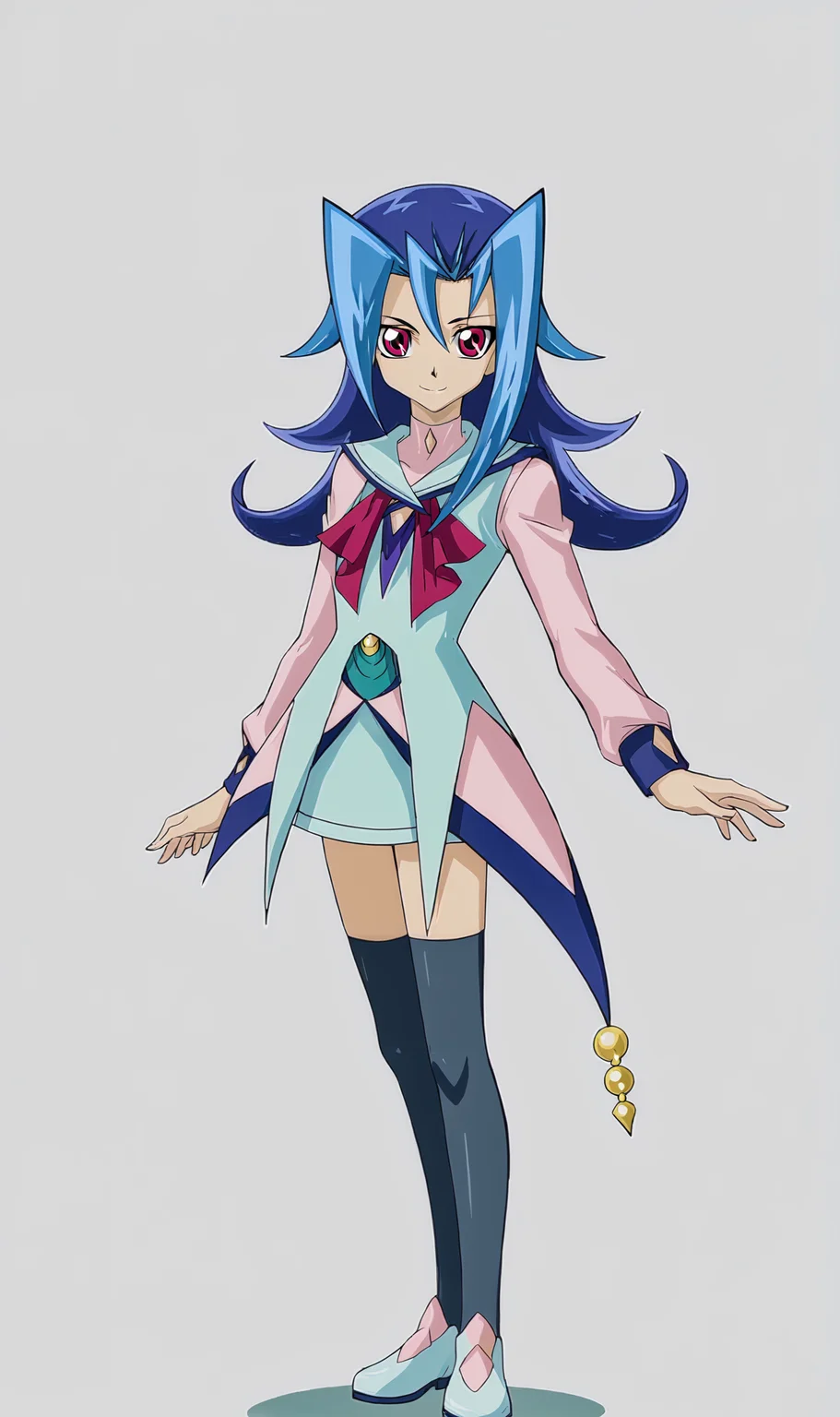 RK, 1girl, solo, blue hair, long hair, red eyes, multicolored long sleeve shirt, neckerchief, zettai ryouiki, white skirt, shoes, thighhighs, full body, smile, looking at viewer, white background, simple background, <lora:Rio Kastle Pony XL:1>