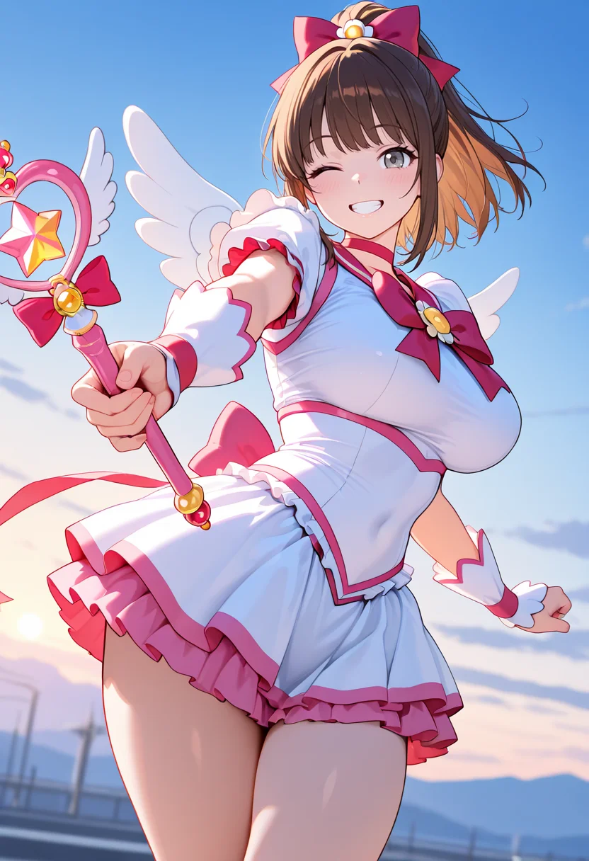 masterpiece,best quality,amazing quality, very aesthetic, ((outlined outlined vector graphics)), cute face, (glow eyes:0.5) , from front, looking at viewer ,beautiful scenery,
1girl,
20yo, brown hair, gray eyes, (large breast:1), (ponytail:1.1), medium hair,(curvy:1.1),bangs
,
white clothes, (focus female), grin, happy, action pose, (clothed:1.1),
magical girl outfit, magical girl, frilles, happy, wand, wings , wink , (kawaii) , , <lora:magical-girl-outfit-il-20:0.8>