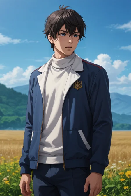 score_9, score_8_up, score_7_up, source_anime, rating_safe, , (realistic:0.6), , depth of field, 1boy, solo, male focus, , ,<lora:Lu_Shu:0.77>,lu shu,blue-gray eyes,black hair,short hair,hair between eyes,Open mouth, long sleeves, jacket, outdoors, sky, pants, day, blue sky, looking to the side, turtleneck , , , <lora:sdxl_lightning_8step_lora_315544:1>