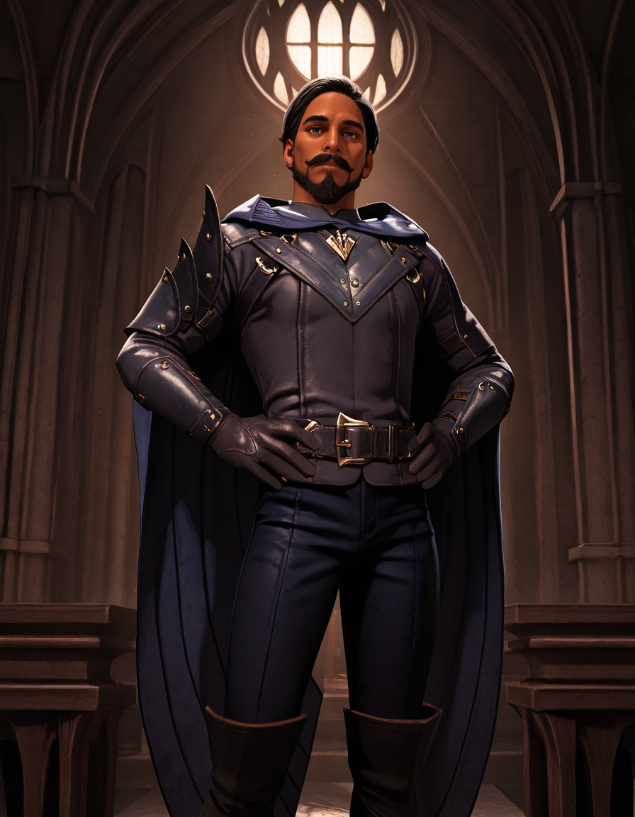 cinematic_depth, 8k, soft_lighting, warm_glow, ultra_high_quality, masterpiece, best quality, newest, perfect quality, best quality, detailed background, intricate details, male focus, solo, realistic, <lora:Dragon Age Veilguard - Viago de Riva - Illustrious 2_1-000006:0.7>, dav_viago, 1boy, mature male, black hair, short hair, dark skin, beard, mustache, blue eyes, leather armor, hooded cloak, single pauldron, leather belt, leather gloves, leather pants, leather boots, indoors, looking at viewer, hands on hips, looking at viewer, head tilt
