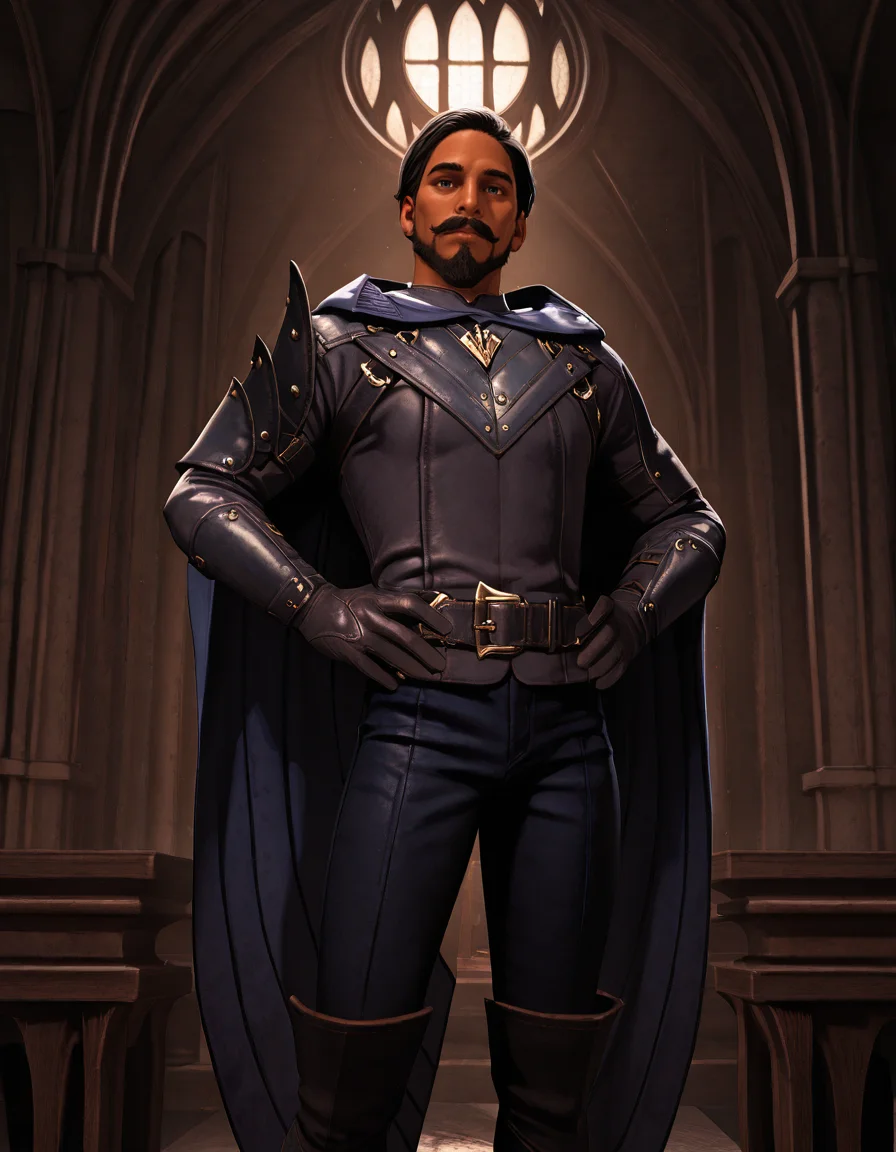 cinematic_depth, 8k, soft_lighting, warm_glow, ultra_high_quality, masterpiece, best quality, newest, perfect quality, best quality, detailed background, intricate details, male focus, solo, realistic, <lora:Dragon Age Veilguard - Viago de Riva - Illustrious 2_1-000006:0.7>, dav_viago, 1boy, mature male, black hair, short hair, dark skin, beard, mustache, blue eyes, leather armor, hooded cloak, single pauldron, leather belt, leather gloves, leather pants, leather boots, indoors, looking at viewer, hands on hips, looking at viewer, head tilt