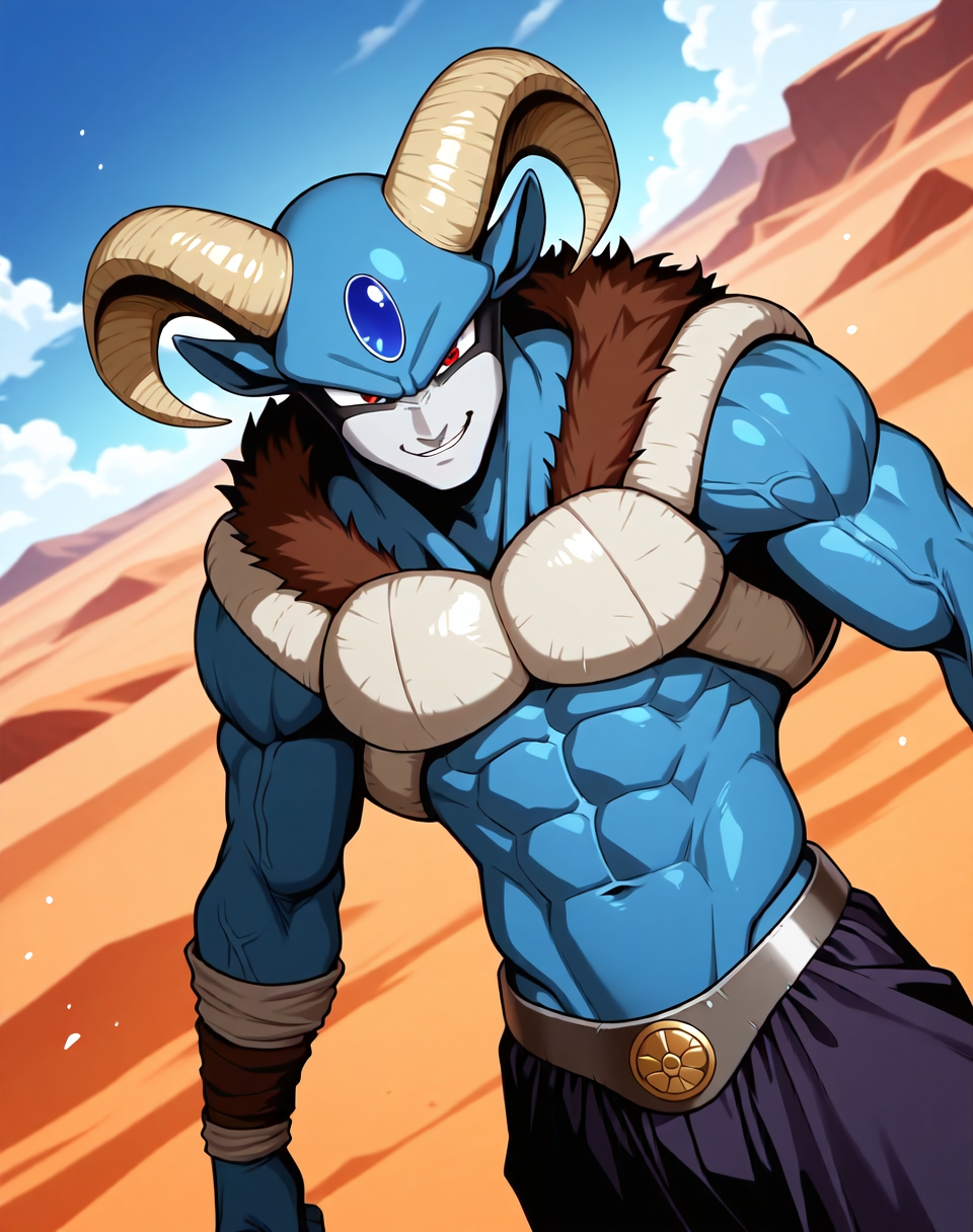 <lora:Moro_4th_Form_(Dragonball_Z)_(Illustrious)_(AD):1.5> Moro, muscular, goat,
dutch angle, exterior, desert, sky with detailed clouds,
male focus, gradient coloring, solo, cowboy shot, bent leg, perfect proportions, veiny muscles, blue body, large biceps, abs, soft shading, evil smirk, white chest armor, fur lined neckline, 
BREAK very awe, aesthetically pleasing, masterpiece, best quality, amazing quality, very aesthetic, perfect depth of field shot, in'ei, furry_art, source_furry, source_anime,
EZRealPONYXL, zPDXL, Smooth Quality, lazympos, IllustQualXL_Pos,