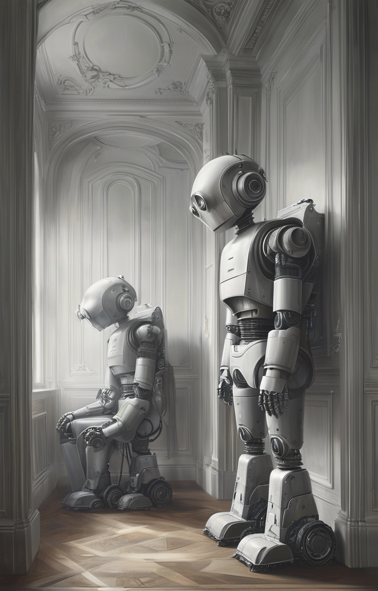 masterpiece,best quality,<lora:tbh344-sdxl:0.75>,illustration,style of Simon Schubert portrait of Housework robots