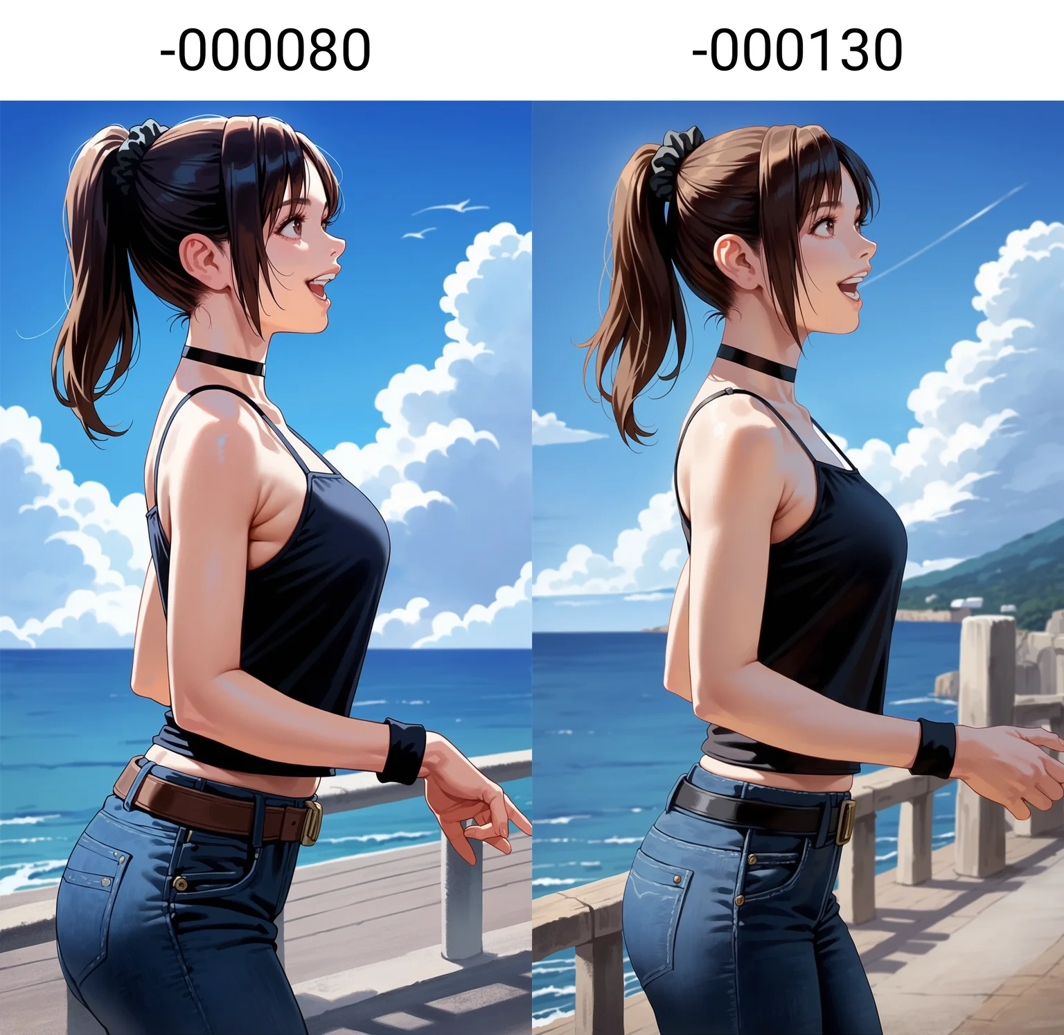score_9,score_8_up,score_7_up,<lora:miiyamotoHikari-000080:0.7>,
miiyamotohikari,
1girl,solo,black hair,bangs,ponytail,black scrunchie,brown eyes,looking to the side,happy,open mouth,teeth,camisole,black camisole,jeans,tight clothing,belt,choker,jewelry,black wristband,medium breasts,standing,from side,cowboy shot,
outdoors,blue sky,sea,cloud,street,railings,distant large bridge,distant mountains,clear blue sky,soft clouds drifting,summer,beautiful landscape,vignetting,blurry background,