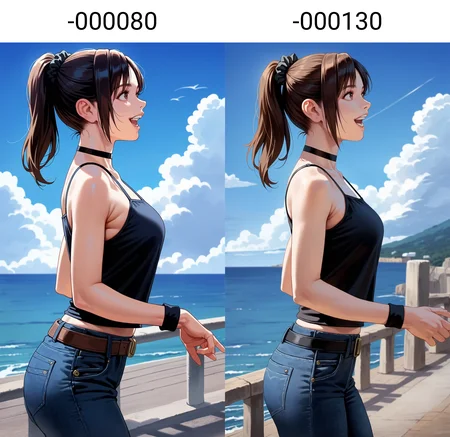 score_9,score_8_up,score_7_up,<lora:miiyamotoHikari-000080:0.7>,
miiyamotohikari,
1girl,solo,black hair,bangs,ponytail,black scrunchie,brown eyes,looking to the side,happy,open mouth,teeth,camisole,black camisole,jeans,tight clothing,belt,choker,jewelry,black wristband,medium breasts,standing,from side,cowboy shot,
outdoors,blue sky,sea,cloud,street,railings,distant large bridge,distant mountains,clear blue sky,soft clouds drifting,summer,beautiful landscape,vignetting,blurry background,
