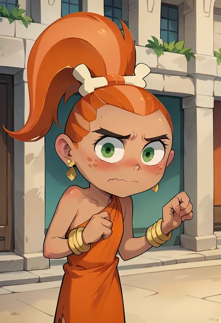 score_9, score_8_up, score_7_up, masterpiece, 1girl, ctianf4ng, earrings, bracelet, orange dress, looking at viewer, outdoors, blush, embarrassed, <lora:fang_barbarian_pony_ct:1>