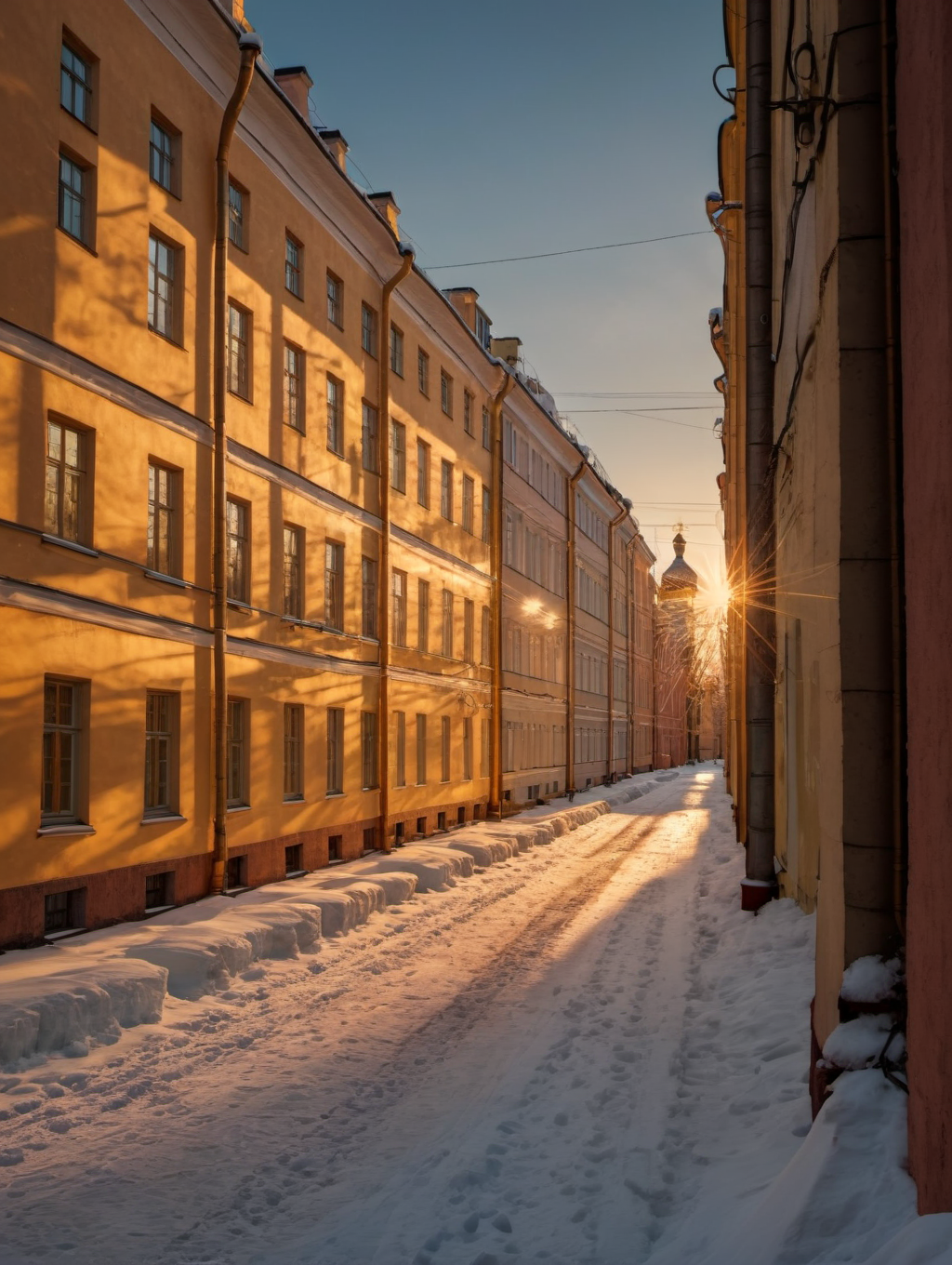 RAW photo of, alley, high quality, beautiful, golden hour , snow,  8k uhd, dslr, soft lighting, high quality, film grain, Fujifilm XT3, extremely detailed, saint petersburg
<lora:piter-step00022500:1>