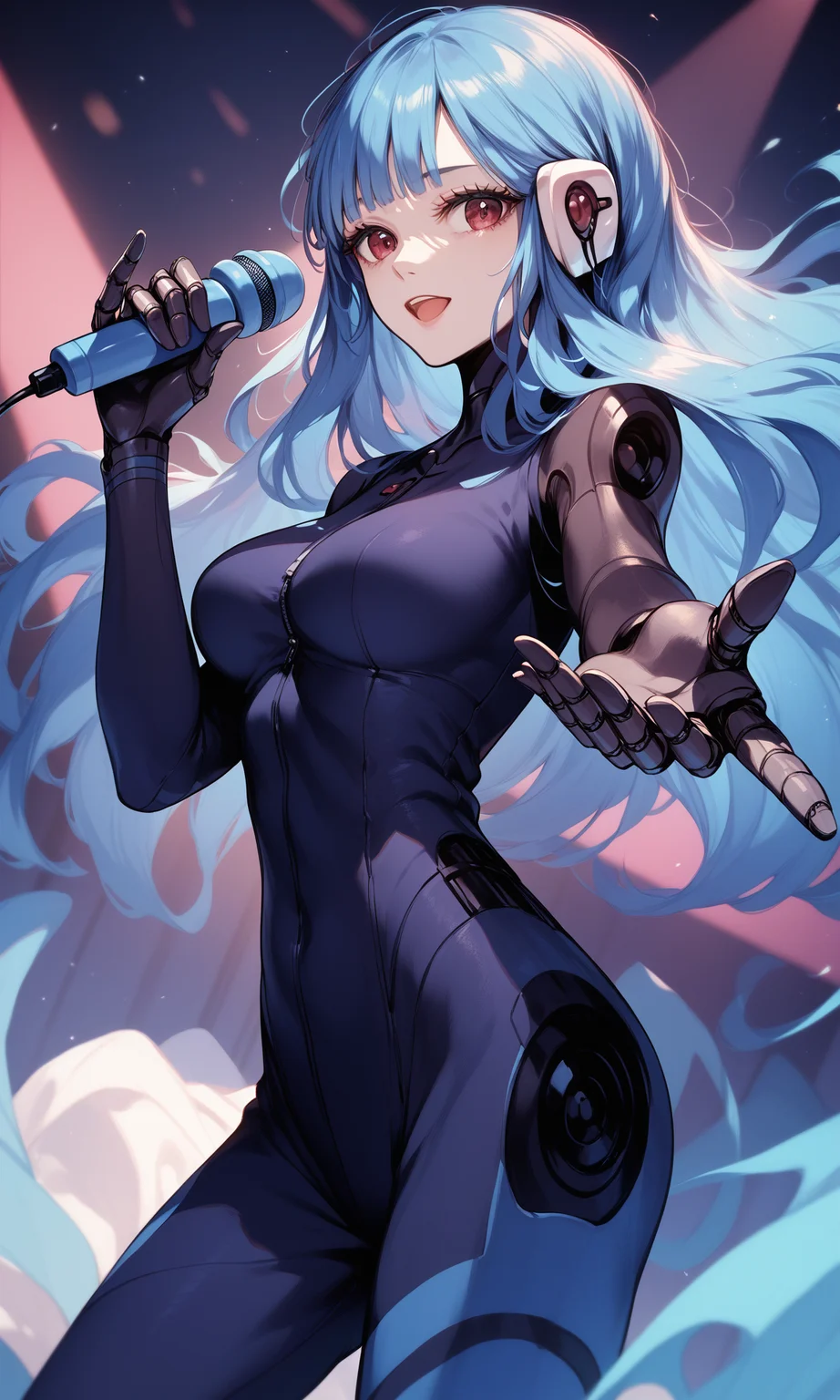 (score_9,score_8_up,score_7_up), 1girl, solo, looking at viewer, (kira miki), android, bodysuit, mechanical arms, holding holding microphone, stage, open mouth, <lora:VA-11 Hall-A-xl-blend:1>
