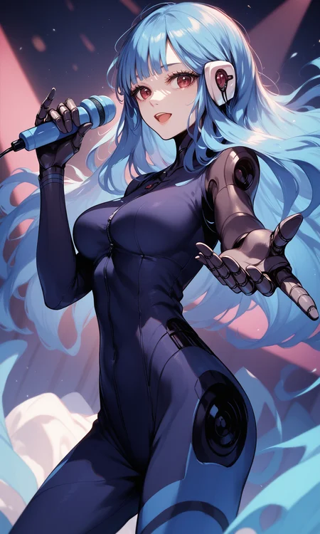 (score_9,score_8_up,score_7_up), 1girl, solo, looking at viewer, (kira miki), android, bodysuit, mechanical arms, holding holding microphone, stage, open mouth, <lora:VA-11 Hall-A-xl-blend:1>