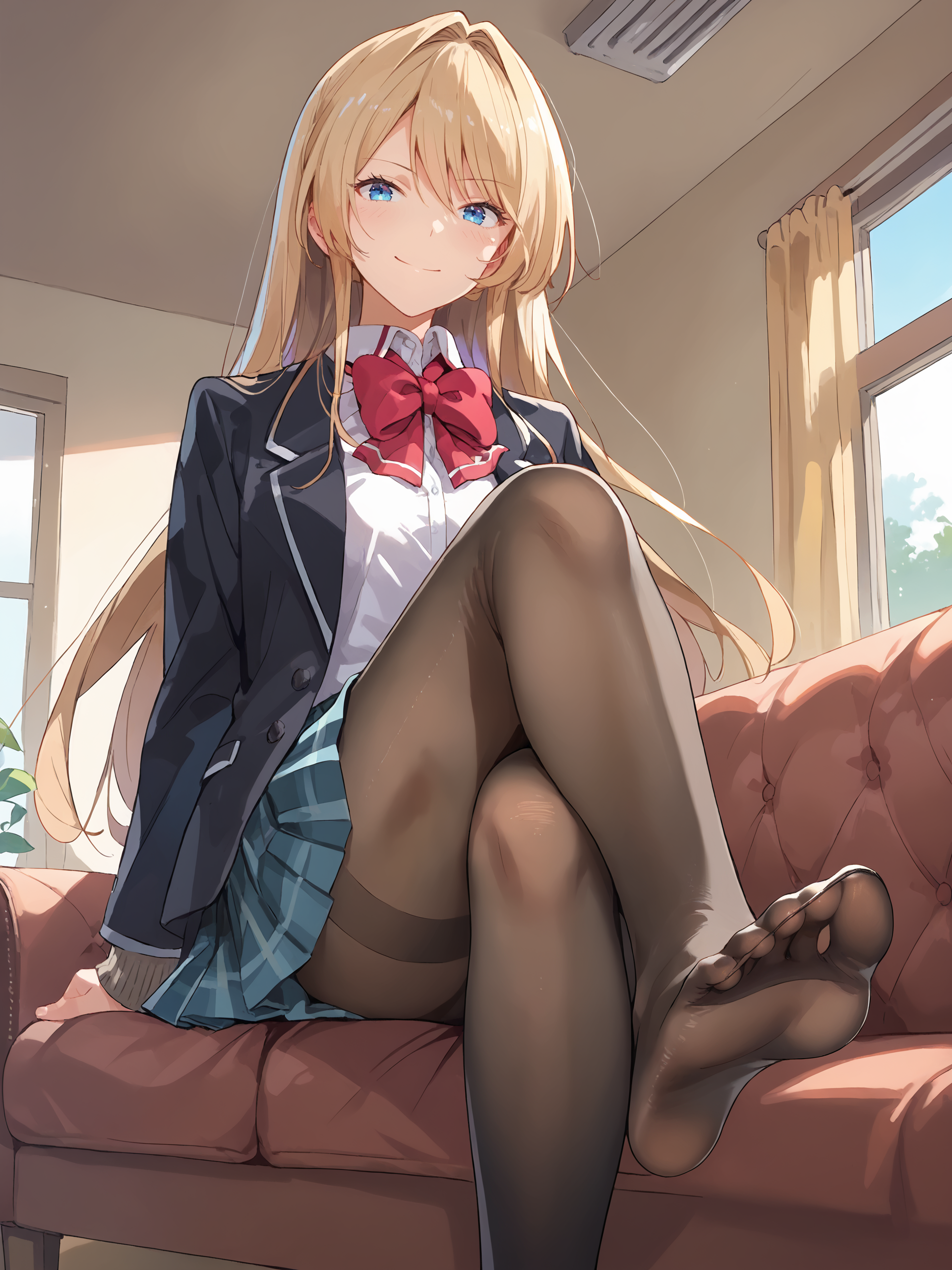 score_9, score_8_up, score_7_up, source_anime, ray tracing, best quality, <lora:Style-Expressive_H-pony:0.8>,  <lora:Char-Ouzuka-Mai-V1-Pony:0.9>,  1girl, ouzuka mai, solo, blue eyes, school uniform, pleated skirt, plaid skirt, white collared shirt, blazer, red bowtie, black pantyhose, sitting, crossed legs, from below, on couch, windows, living room, foot focus, no shoes, gasping, ecstasy, seductive smile