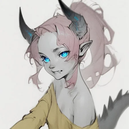sketch, monochrome, greyscale, score_9, score_8_up, score_7_up, masterpiece, best quality, absurdres, vibrant, highly detailed, upper body, Lynn Pink, blue eyes, pink hair, ponytail, tail, horns, pointy ears, fangs, (((adult))), small breasts, simple yellow shirt, long sleeves, off shoulder, no bra, intense gaze, reaching towards viewer, looking at viewer, white background, simple background