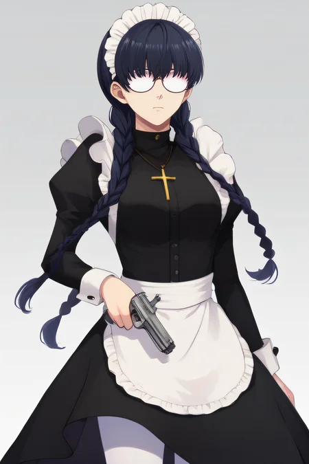 score_9, score_8_up, score_7_up, source_anime, rating_safe, intricate details, anime screencap, official style, <lora:Roberta:1>, roberta, long hair, black hair, twin braids, hair over shoulders, glasses, black maid dress, maid headdress, cross necklace, simple background, cowboy shot, white pantyhose, opaque glasses, handgun