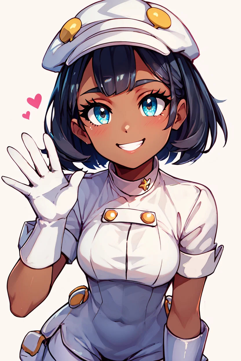 score_9, score_8_up, score_8, medium breasts, (curvy), cute, eyelashes,       BREAK, , zzAether, dark skin, white cabbie hat, black hair, white uniform, white pantyhose, white gloves, <lora:Aether_Employee_Pokemon_PDXL_v1:0.8>, BREAK, looking at viewer,  smile, waving, upper body, leaning forward, head tilt,  embedding:zPDXL, Expressiveh, <lora:CatalystStylePDXL:0.6>,  <lora:SDXLFaeTastic2400:0.5>,  <lora:Expressive_H-000001:0.4>,